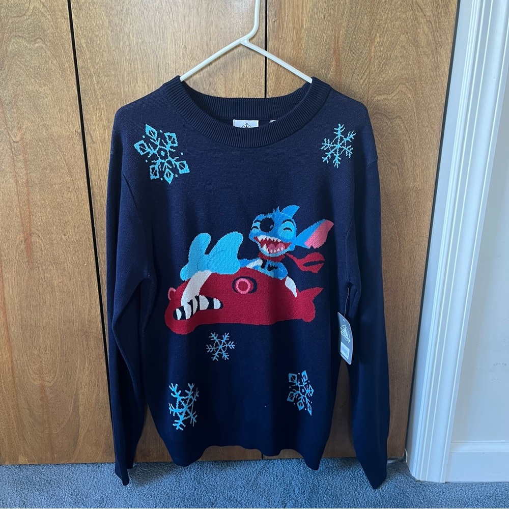 NWT Disney Parks Stitch Holiday Sweater - Navy Blue with Snowflake Design